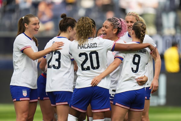 United States players celebrate a goal by forward Trinity Rodman, third from right, during the first half of a women's international friendly soccer match against Brazil in Inglewood, Calif. Saturday, April 5, 2025. (AP Photo/Jae C. Hong)