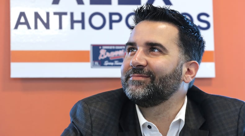 Alex Anthopoulos takes questions during his press conference at spring training at the Atlanta Braves CoolToday Park on Sunday, Feb. 16, 2020, in North Port.  Curtis Compton ccompton@ajc.com