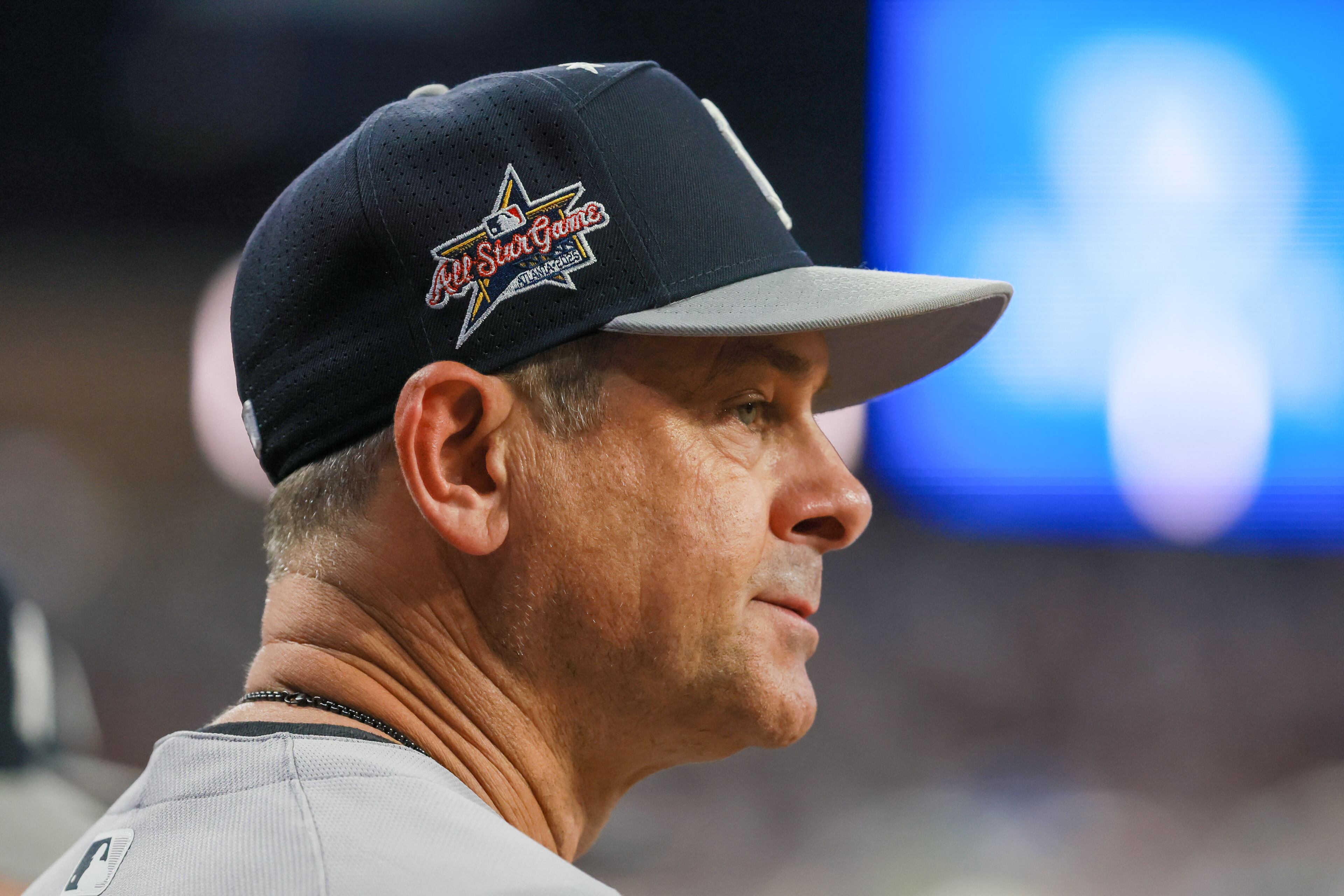 American League manager Aaron Boone watches from the dugout during the sixth inning of the MLB All-Star Game at Truist Park in Atlanta on Tuesday, July 15, 2025. (Jason Getz/AJC)