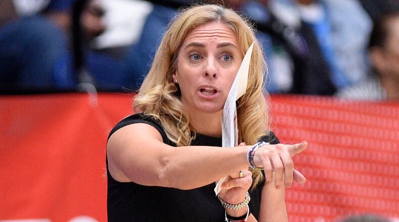 Atlanta Dream head coach Nicki Collen gestures during the second half of Game 4 of a WNBA playoffs semifinal against the Washington Mystics, Sunday, Sept. 2, 2018, in Washington. (Nick Wass/AP)