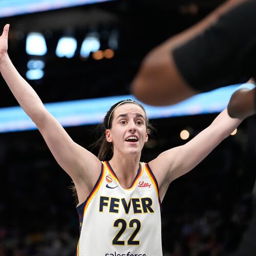 Indiana Fever guard Caitlin Clark (22) reacts in the first half of an WNBA basketball game against the Atlanta Dream Sunday, Aug. 16, 2026, in Atlanta. (AP Photo/Brynn Anderson)