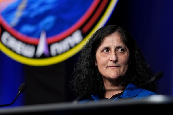 Astronaut Suni Williams talks to reporters during a press conference at Johnson Space Center on Monday, March 31, 2025, in Houston. (AP Photo/Ashley Landis)