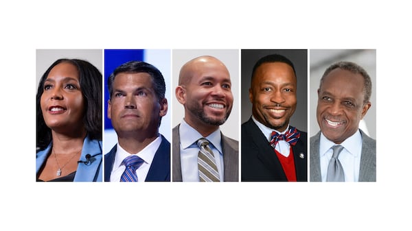 Keisha Lance Bottoms (from left), Geoff Duncan, Jason Esteves, Derrick Jackson and Michael Thurmond are vying to be the Democratic nominee for governor.