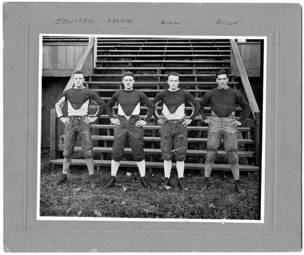 A Georgia Tech photo of football greats (left to right) Everett Strupper, Tommy Spence, Judy Hill and Joe Guyon. Strupper and Guyon are both inductees in the College Football Hall of Fame. (Georgia Tech Archives)