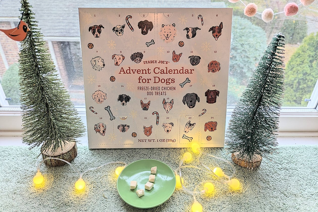 Advent calendars go from simple to creative and commercial. One example: Trader Joe's Advent Calendar for Dogs, offering freeze-dried chicken dog treats. (Kim Cooke via AP)