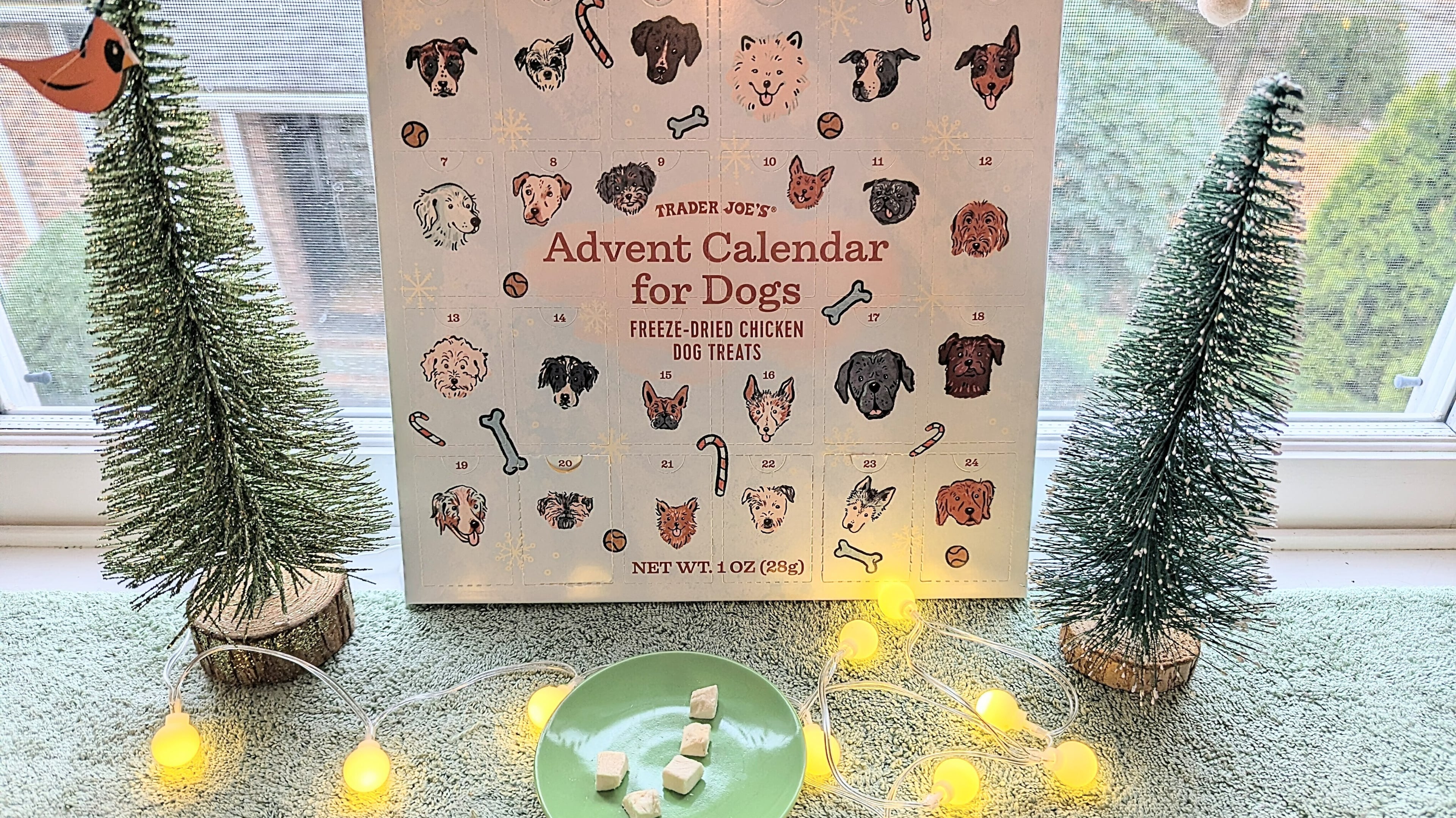Advent calendars go from simple to creative and commercial. One example: Trader Joe's Advent Calendar for Dogs, offering freeze-dried chicken dog treats. (Kim Cooke via AP)