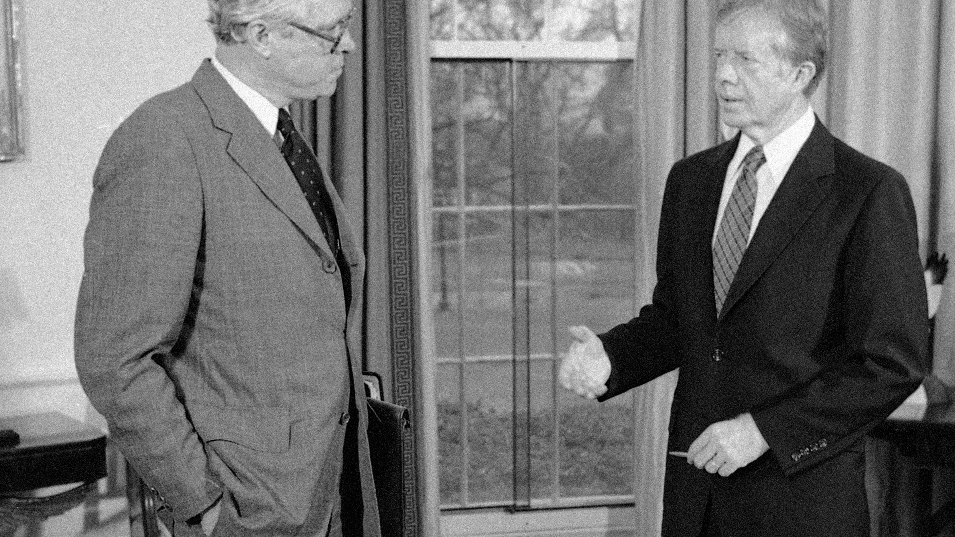 FILE - President Jimmy Carter, right, meets with Attorney General Benjamin Civiletti at the White House in Washington, Dec. 13, 1979. (AP Photo/Ira Schwarz, File)