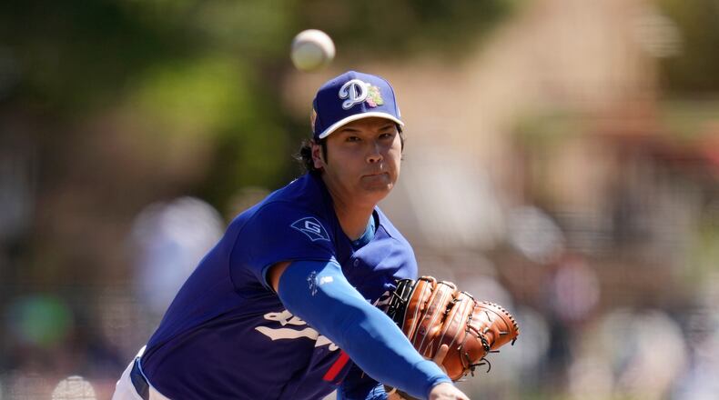 Los Angeles Dodgers starting pitcher Shohei Ohtani, of Japan, throws against the San Francisco Giants during the first inning of a spring training baseball game, Wednesday, March 18, 2026, in Phoenix. (AP Photo/Ross D. Franklin)