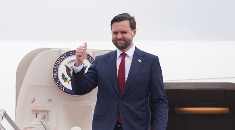 U.S. Vice President JD Vance disembarks from Air Force Two after arriving for talks with Iranian officials in Islamabad, Pakistan, Saturday, April 11, 2026. (AP Photo/Jacquelyn Martin, Pool)