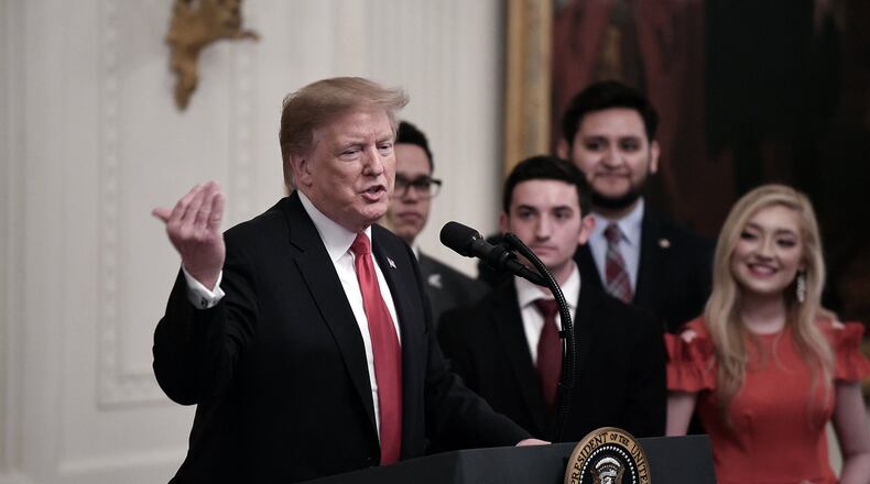 U.S. President Donald Trump speaks before signing an executive order to require colleges and universities to “support free speech” on campus or risk loss of federal research funds during an event in the East Room of the White House on Thursday, March 21, 2019. (Olivier Douliery/Abaca Press/TNS)
