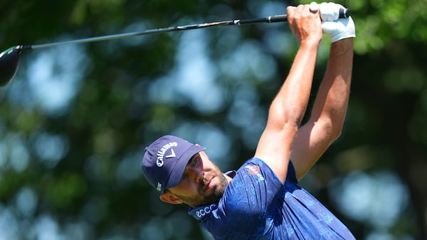 Erik van Rooyen, of South Africa, hits a tee shot on the second hole during the final round of the CJ Cup Byron Nelson golf tournament in McKinney, Texas, Sunday, May 4, 2025. (AP Photo/LM Otero)