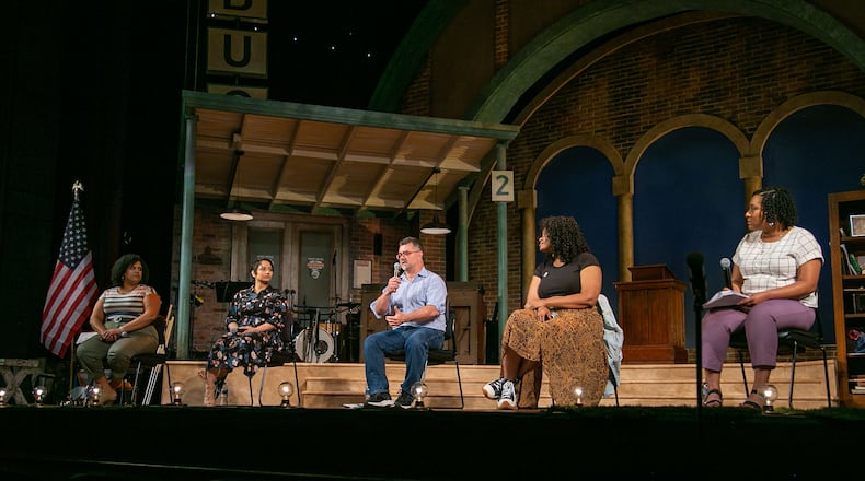 Panelists for the July 7 panel titled "The Movement Lives On: Black Lives Matter and Atlanta Theatre" (from left): Lilliangina Quiñones, Amee Vyas, Jim Farmer and Brittani Minnieweather, with moderator Kelundra Smith. (Photos by Casey Gardner Ford)