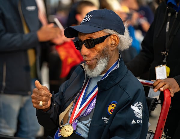 World War Two veterans arrive at Hartsfield-Jackson International airport for the Normandy Legacy Flight to Normandy, France on the 81st anniversary of the D-Day invasion.  Saturday, May 31, 2025 (Ben Hendren for the Atlanta Journal-Constitution)