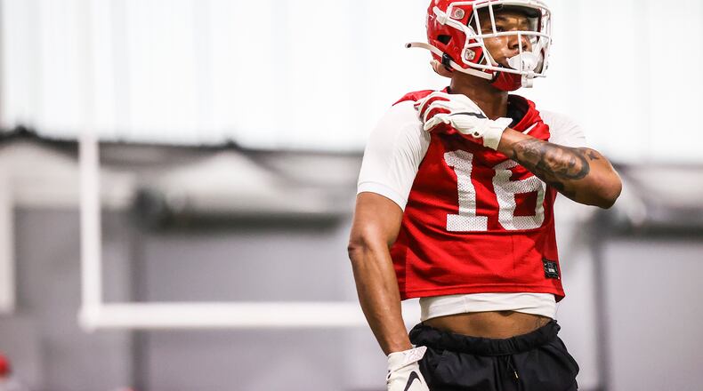 Georgia wide receiver Demetris Robertson (16) during the Bulldogs’ first practice session of the spring Tuesday, March 16, 2021, in Athens. (Tony Walsh/UGA)