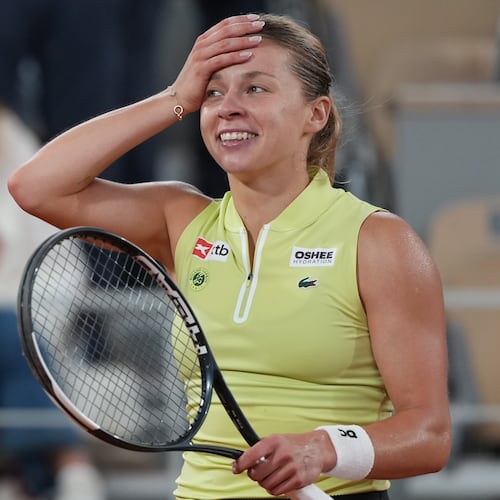Poland's Maja Chwalinska react after winning during the semifinal tennis match against Russia's Diana Shnaider at the French Open in Paris, Thursday, June 4, 2026. (AP Photo/Thibault Camus)