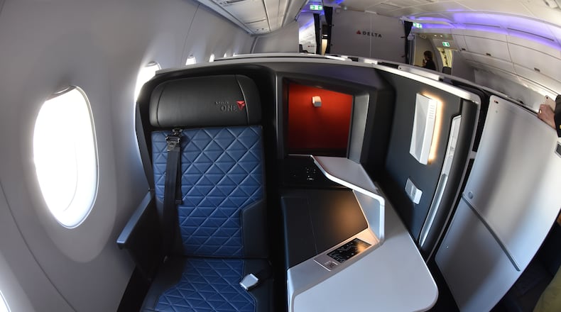 Interior of Airbus A350's Delta One suite during a media event at Hartsfield-Jackson. HYOSUB SHIN / HSHIN@AJC.COM