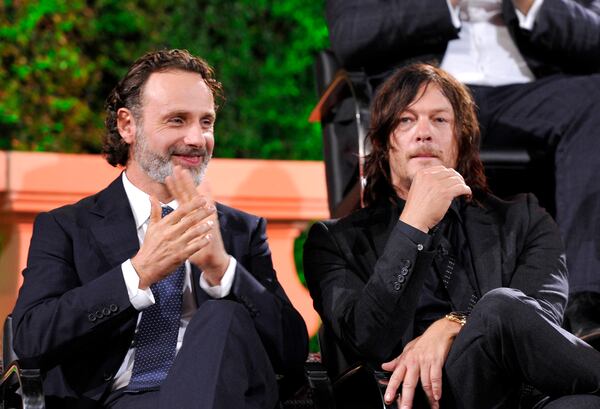  HOLLYWOOD, CA - OCTOBER 23: Actors Andrew Lincoln and Norman Reedus speak onstage during AMC presents "Talking Dead Live" for the premiere of "The Walking Dead" at Hollywood Forever on October 23, 2016 in Hollywood, California. (Photo by John Sciulli/Getty Images for AMC)