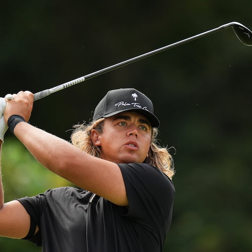 Garrick Higgo, of South Africa, tees off on the second hole during the fourth round of the Baycurrent Classic golf tournament at the Yokohama Country Club in Yokohama, near Tokyo, Sunday, Oct. 12, 2025. (AP Photo/Hiro Komae)