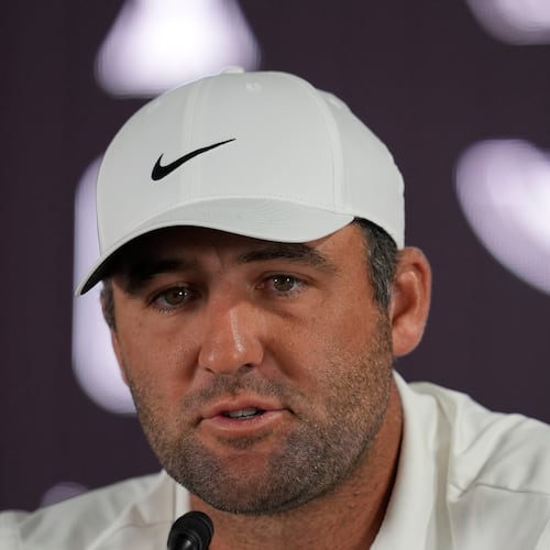 Scottie Scheffler speaks during a news conference at the Tour Championship golf tournament, Wednesday, Aug. 26, 2026, in Atlanta. (AP Photo/Mike Stewart)