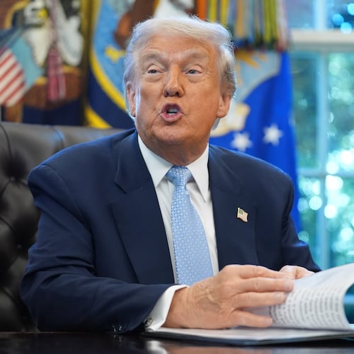President Donald Trump speaks during a meeting with the White House task force on the 2026 FIFA World Cup in the Oval Office of the White House, Monday, Nov. 17, 2025, in Washington. (AP Photo/Evan Vucci)