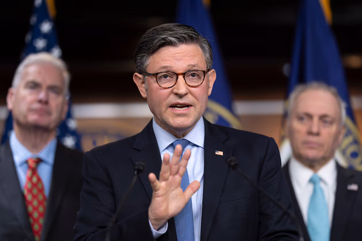U.S. House Speaker Mike Johnson talks with reporters as Republicans struggle with a plan to address growing health care costs, at the Capitol in Washington, Tuesday, Dec. 16, 2025. (J. Scott Applewhite/AP)