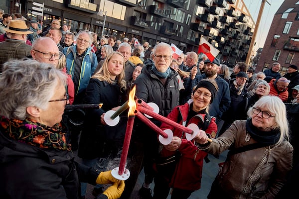 Cross-political support demonstration for Greenland and Greenlanders in front of Greenland's representation in Christianshavn, Copenhagen, Friday, March 28, 2025. (Thomas Traasdahl//Ritzau Scanpix via AP)