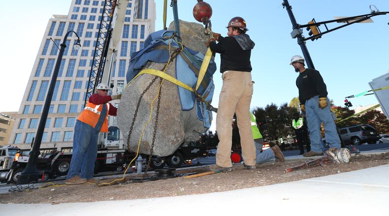 Rockspinner, a boulder found in the Nevada mountains years ago, was installed at the intersection of Peachtree and 10th Street in 2013.