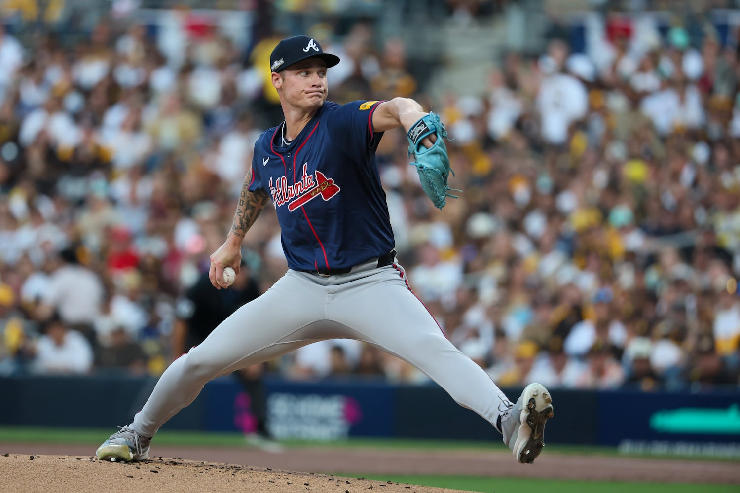 Atlanta Braves pitcher AJ Smith-Shawver (32) delivers to the San Diego Padres during the first inning of the National League Division Series Wild Card Game One at Petco Park in San Diego on Tuesday, Oct. 1, 2024.   (Jason Getz / Jason.Getz@ajc.com)