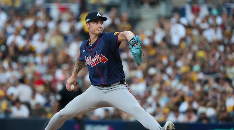 Atlanta Braves pitcher AJ Smith-Shawver (32) delivers to the San Diego Padres during the first inning of the National League Division Series Wild Card Game One at Petco Park in San Diego on Tuesday, Oct. 1, 2024.   (Jason Getz / Jason.Getz@ajc.com)