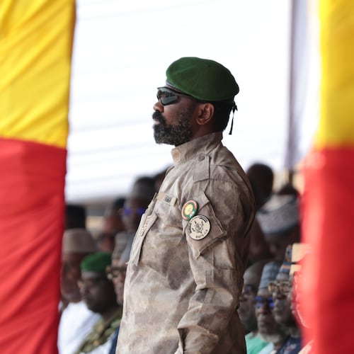 Mali's junta leader Gen. Assimi Goita attends the funeral of former defense minister Sadio Camara at the Military Engineering Parade Ground in Bamako, Mali, Thursday, April 30, 2026. (AP Photo/Boubacary Bocoum)
