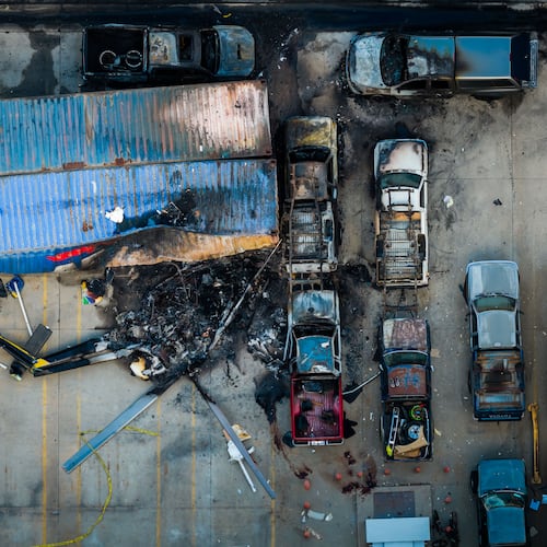 An aerial view of the aftermath of a news helicopter that crashed in Chatsworth, a neighborhood in Los Angeles, Wednesday, Sept. 16, 2026. (AP Photo/Ethan Swope)