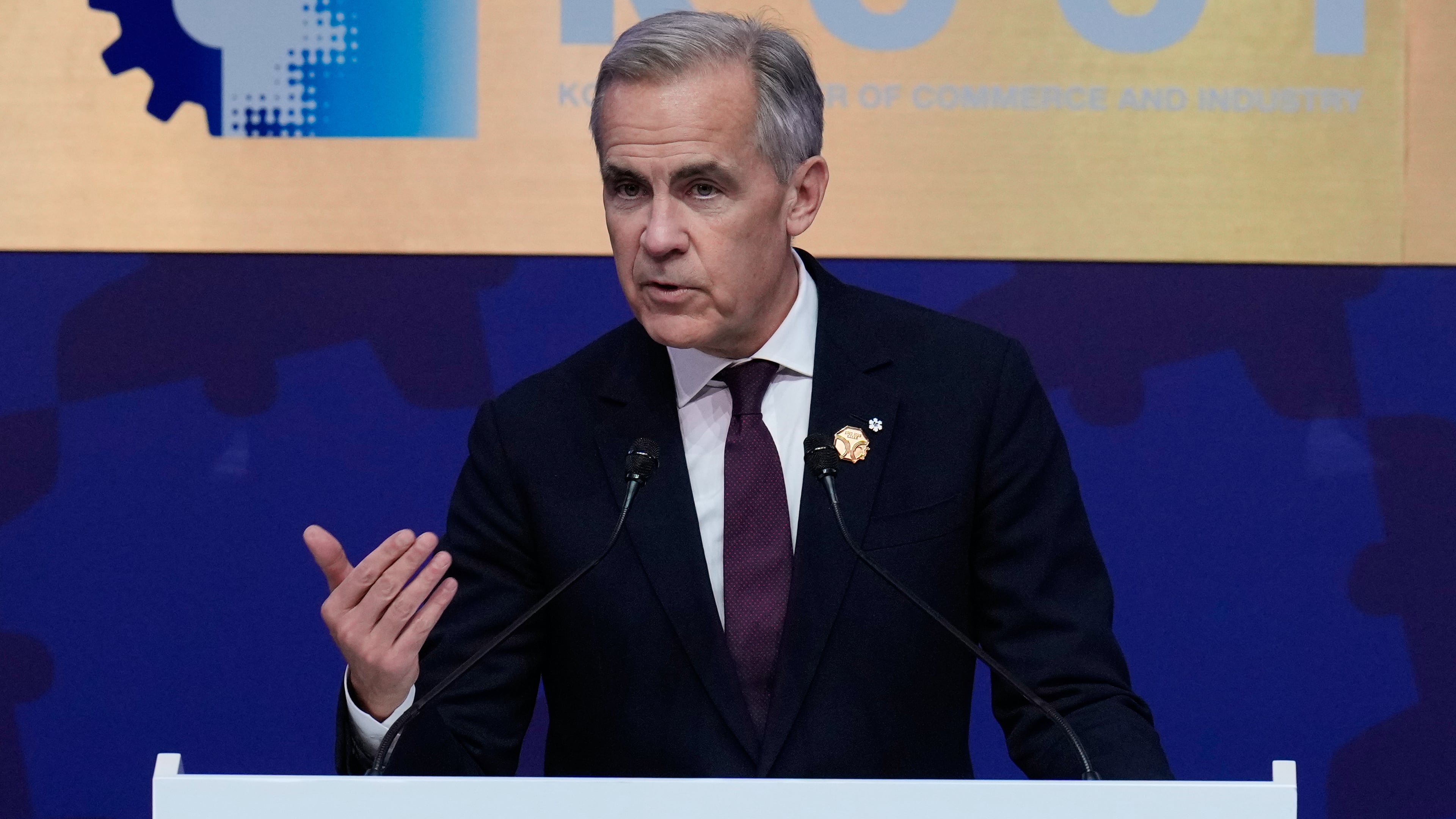 Canadian Prime Minister Mark Carney makes a keynote speech at the Asia-Pacific Economic Cooperation (APEC) CEO summit in Gyeongju, South Korea, Friday, Oct. 31, 2025. (AP Photo/Ng Han Guan)