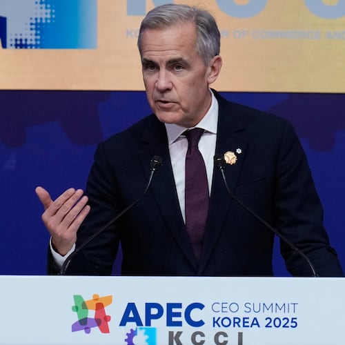 Canadian Prime Minister Mark Carney makes a keynote speech at the Asia-Pacific Economic Cooperation (APEC) CEO summit in Gyeongju, South Korea, Friday, Oct. 31, 2025. (AP Photo/Ng Han Guan)