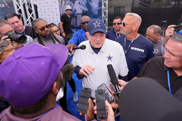 Jerry Jones, Dallas Cowboys owner, president, and general manager speaks to reporters during a news conference to open training camp Monday, July 21, 2025, in Oxnard, Calif. (AP Photo/Mark J. Terrill)