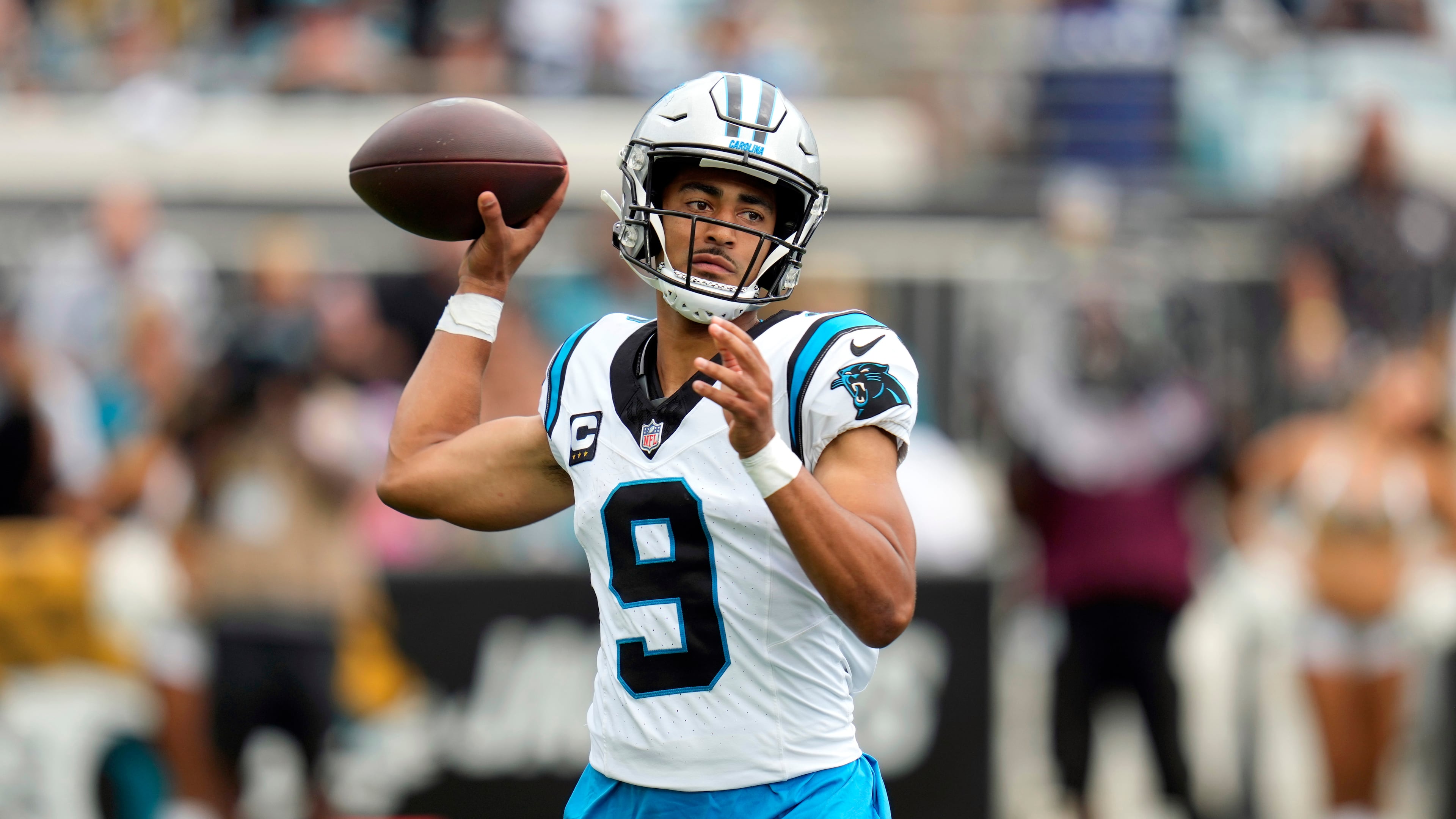 Panthers quarterback Bryce Young is off to a slow start. He’s completed 53 of 90 passes (58.9%) for 482 yards, four touchdowns and three interceptions. (John Raoux/AP)
