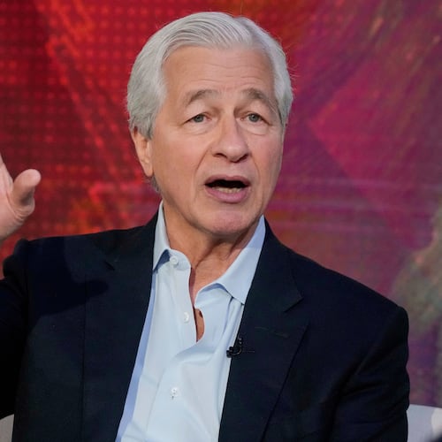 FILE - JPMorgan CEO Jamie Dimon is interviewed by Maria Bartiromo on the "Mornings with Maria Bartiromo" program, on the Fox Business Network, Wednesday, April 9, 2025, in New York. (AP Photo/Richard Drew, File)