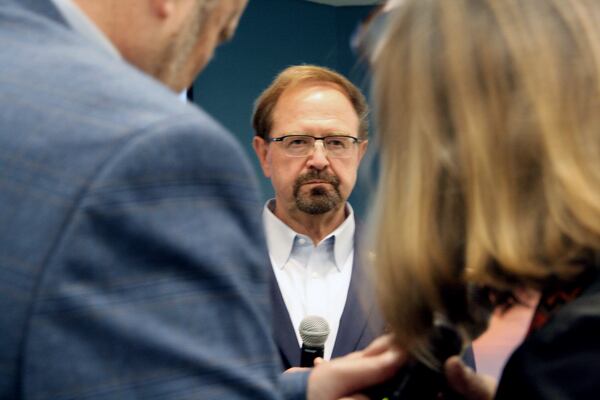 FILE - Rep. Chuck Edwards talks during a town hall in Asheville, N.C., March 13, 2025. (AP Photo/Makiya Seminera, File)