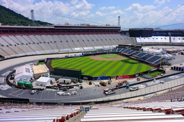 After bringing in 17,500 tons of gravel, 124,000 square feet of synthetic turf and a long list of other renovations, the iconic Bristol Motor Speedway is ready to make history as the first of its kind racetrack to host a professional baseball game. (Earl Neikirk/Bristol Motor Speedway via AP)