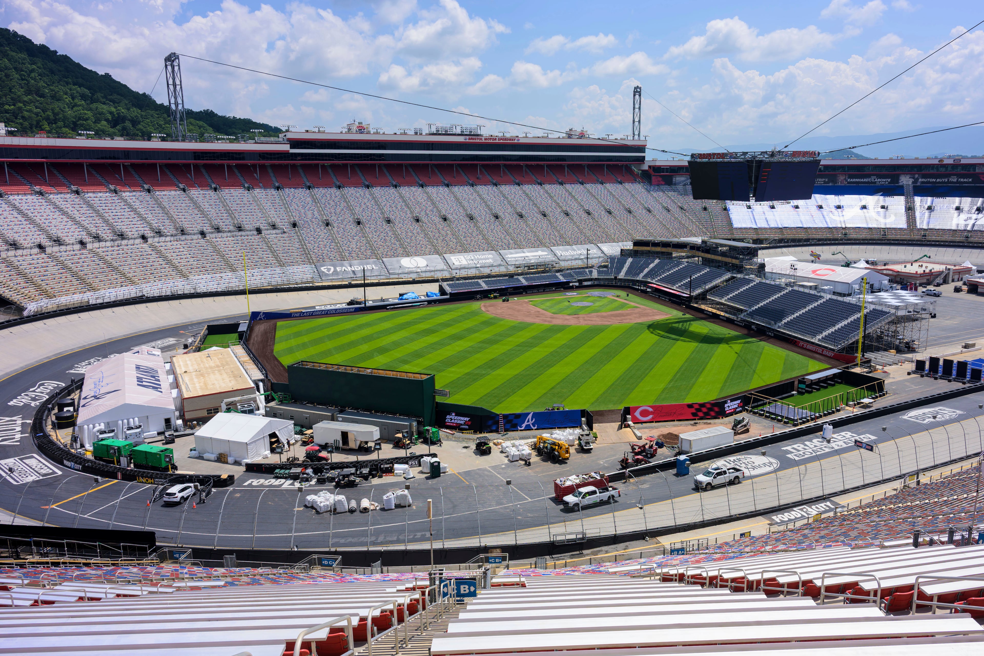 After bringing in 17,500 tons of gravel, 124,000 square feet of synthetic turf and a long list of other renovations, the iconic Bristol Motor Speedway is ready to make history as the first of its kind racetrack to host a professional baseball game. (Earl Neikirk/Bristol Motor Speedway via AP)