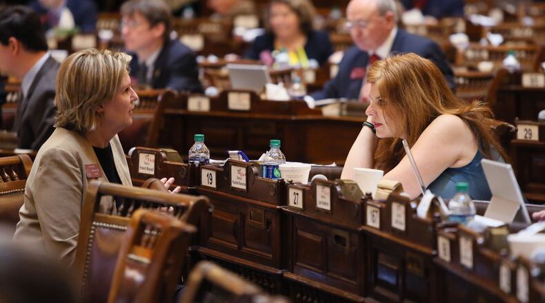 March 3, 2015 - Atlanta - Rep. Jan Jones (left), R - Milton, confers with Rep. Paulette Rakestraw, R-Hiram, as session gets underway. BOB ANDRES  / BANDRES@AJC.COM