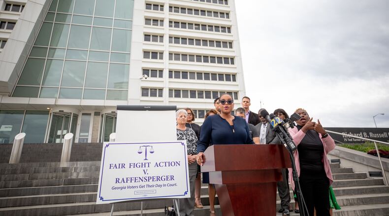 Allegra Lawrence-Hardy, an attorney for Fair Fight Action, speaks outside the Richard B. Russell Federal Building in Atlanta, on April 11, the first day of the long awaited Fair Fight Action v. Raffensperger trial. A federal judge on Friday ruled against Fair Fight Action. (Photo/Jenn Finch)