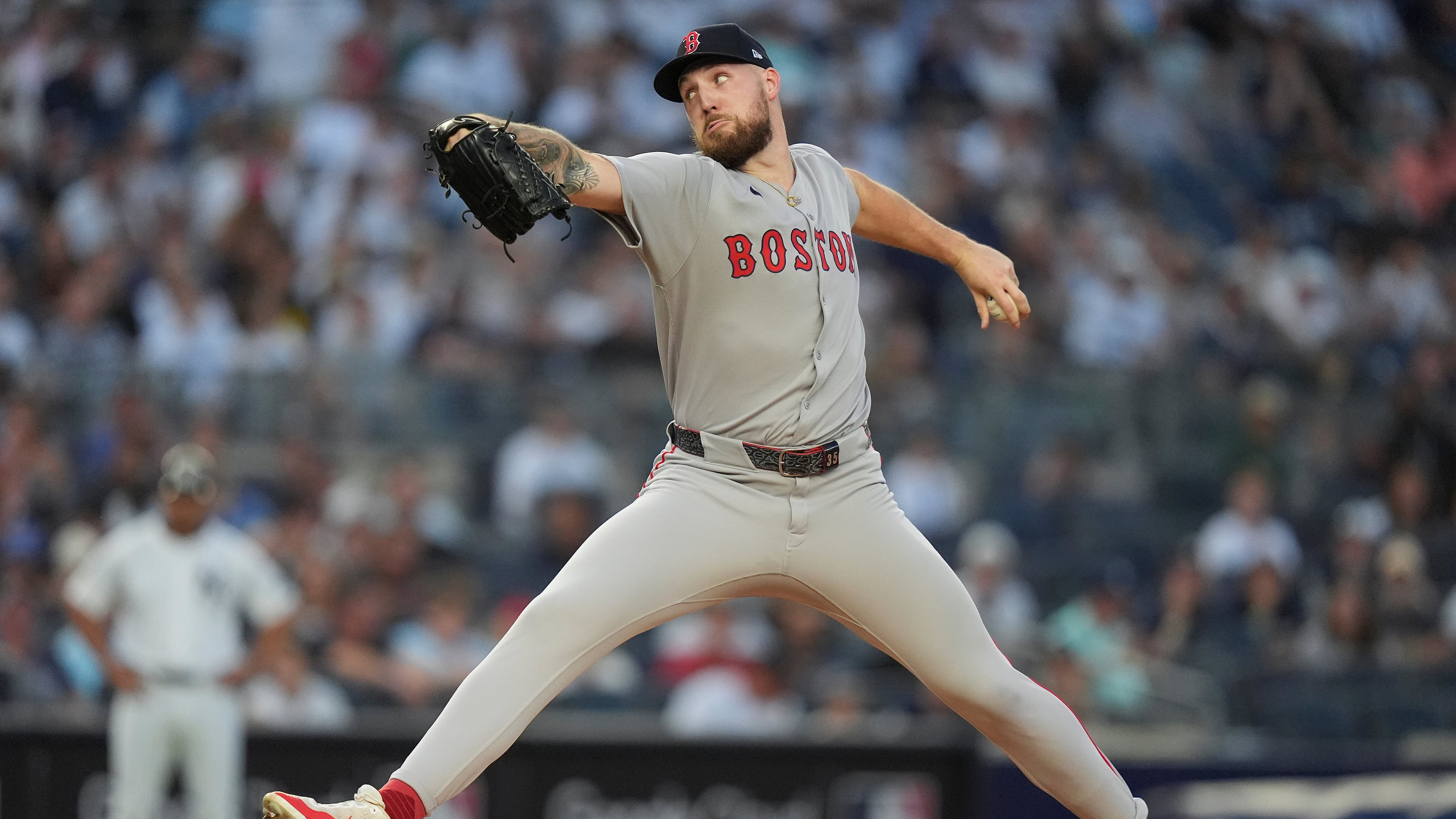 Boston Red Sox pitcher Garrett Crochet delivers against the New York Yankees during the first inning of Game 1 of an American League wild-card baseball playoff series, Tuesday, Sept. 30, 2025, in New York. (AP Photo/Frank Franklin II)