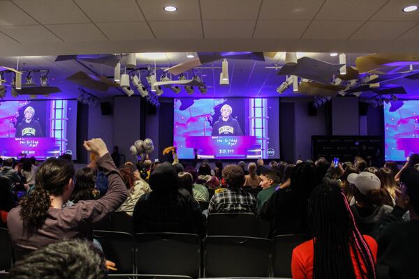 A group of Kennesaw students at a Jeopardy watch party