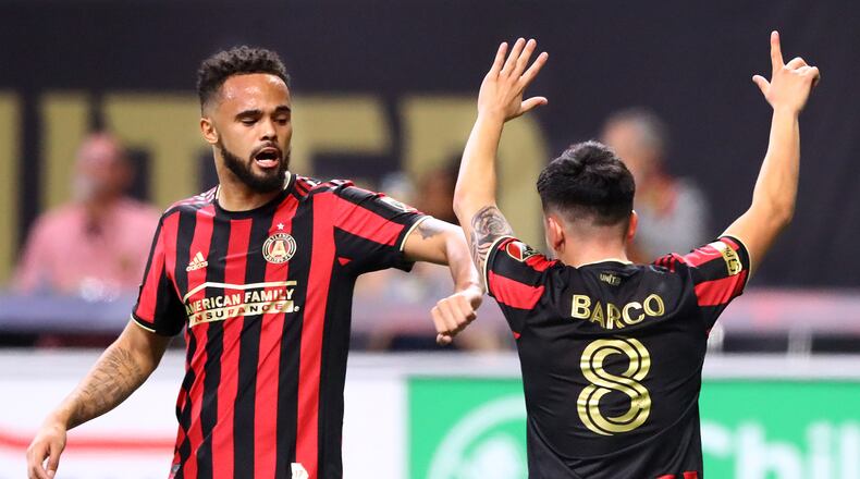 March 8, 2020 Atlanta: Atlanta United midfielder Ezequiel Barco celebrates his goal with Anton Walkes for a 1-0 lead over FC Cincinnati in a MLS soccer match on Saturday, March 8, 2020, in Atlanta.   Curtis Compton ccompton@ajc.com