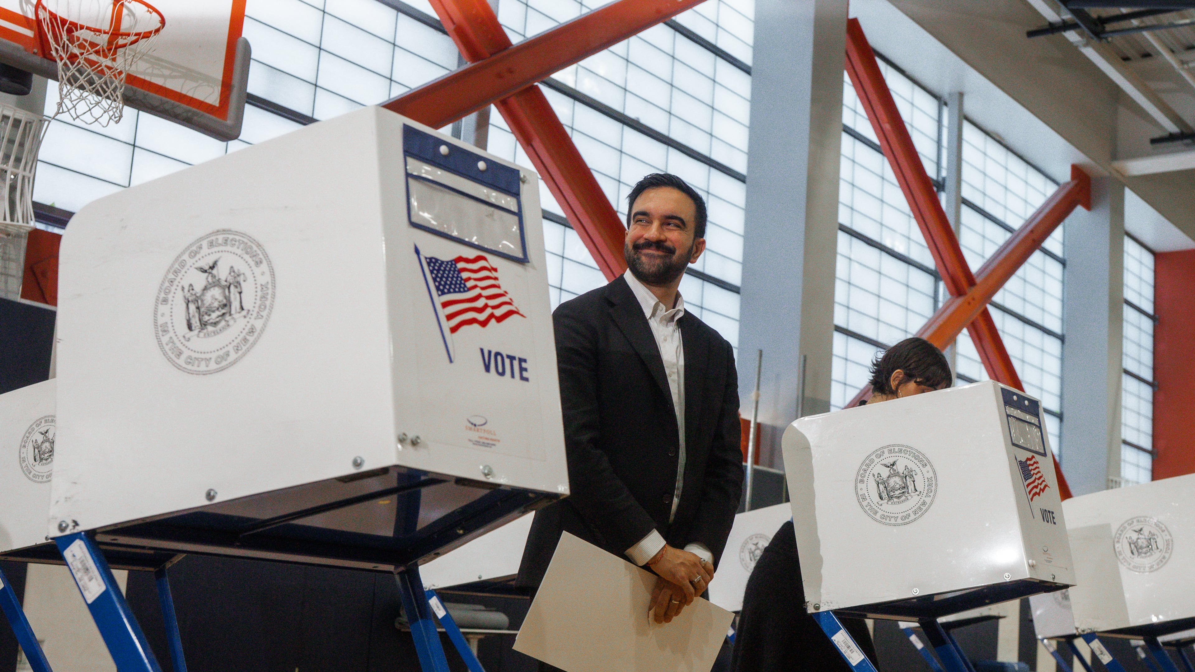 New York mayoral candidate Zohran Mamdani votes at a voting site on Tuesday, Nov. 4, 2025, in New York. (AP Photo/Olga Fedorova)