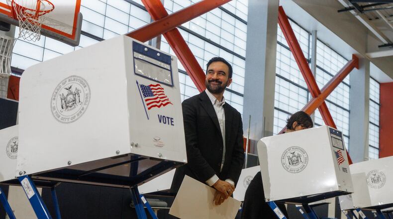 New York mayoral candidate Zohran Mamdani votes at a voting site on Tuesday, Nov. 4, 2025, in New York. (AP Photo/Olga Fedorova)