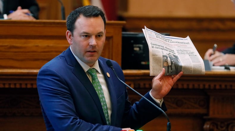 March 7, 2019 - Atlanta - The sponsor, state Sen. Burt Jones, made his case for his bill to give the state control of Hartsfield-Jackson airport as he unfurled a copy of The Atlanta Journal-Constitution featuring a front-page article about the indictment of the contractor, Jeff Jafari. The Georgia Senate voted Thursday to approve a measure that would give the state control of Hartsfield-Jackson airport. The legislature was in session for "crossover" day, the 28th day of the 2019 General Assembly. Bob Andres / bandres@ajc.com