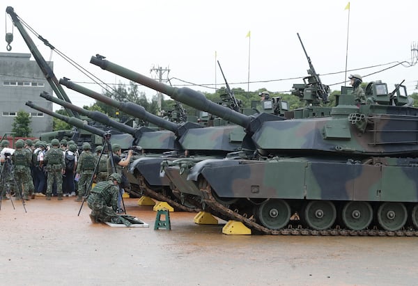 M1A2T Abrams main battle tanks are prepared for a military live-fire shooting training in Hsinchu County, Taiwan, Thursday, July 10, 2025. (AP Photo/Chiang Ying-ying)