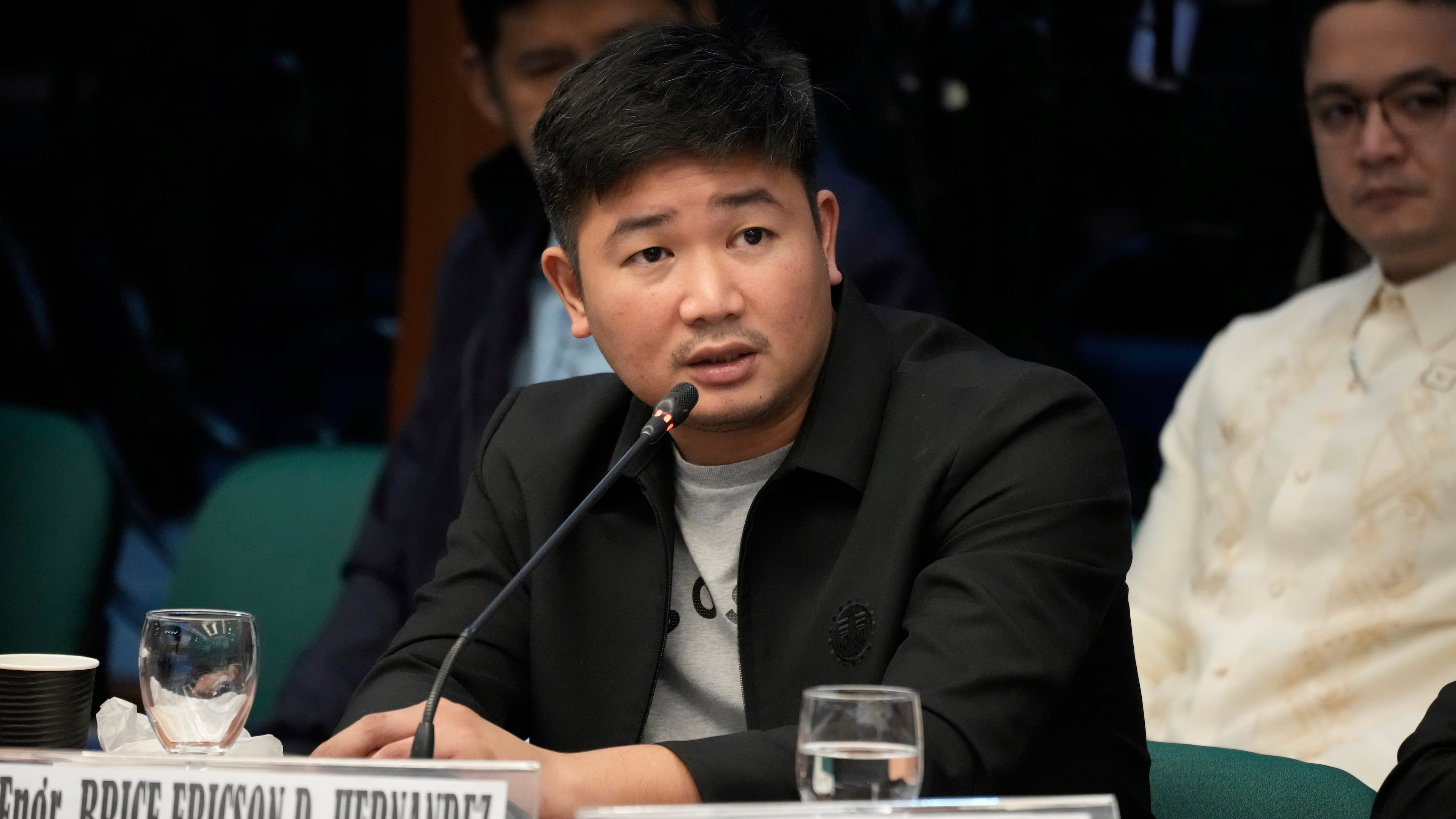 Former DPWH Engineer Brice Ericson Hernandez speaks during investigations on flood-control projects at the Senate Blue Ribbon committee in Pasay city, Philippines on Tuesday, Sept. 23, 2025. (AP Photo/Aaron Favila)