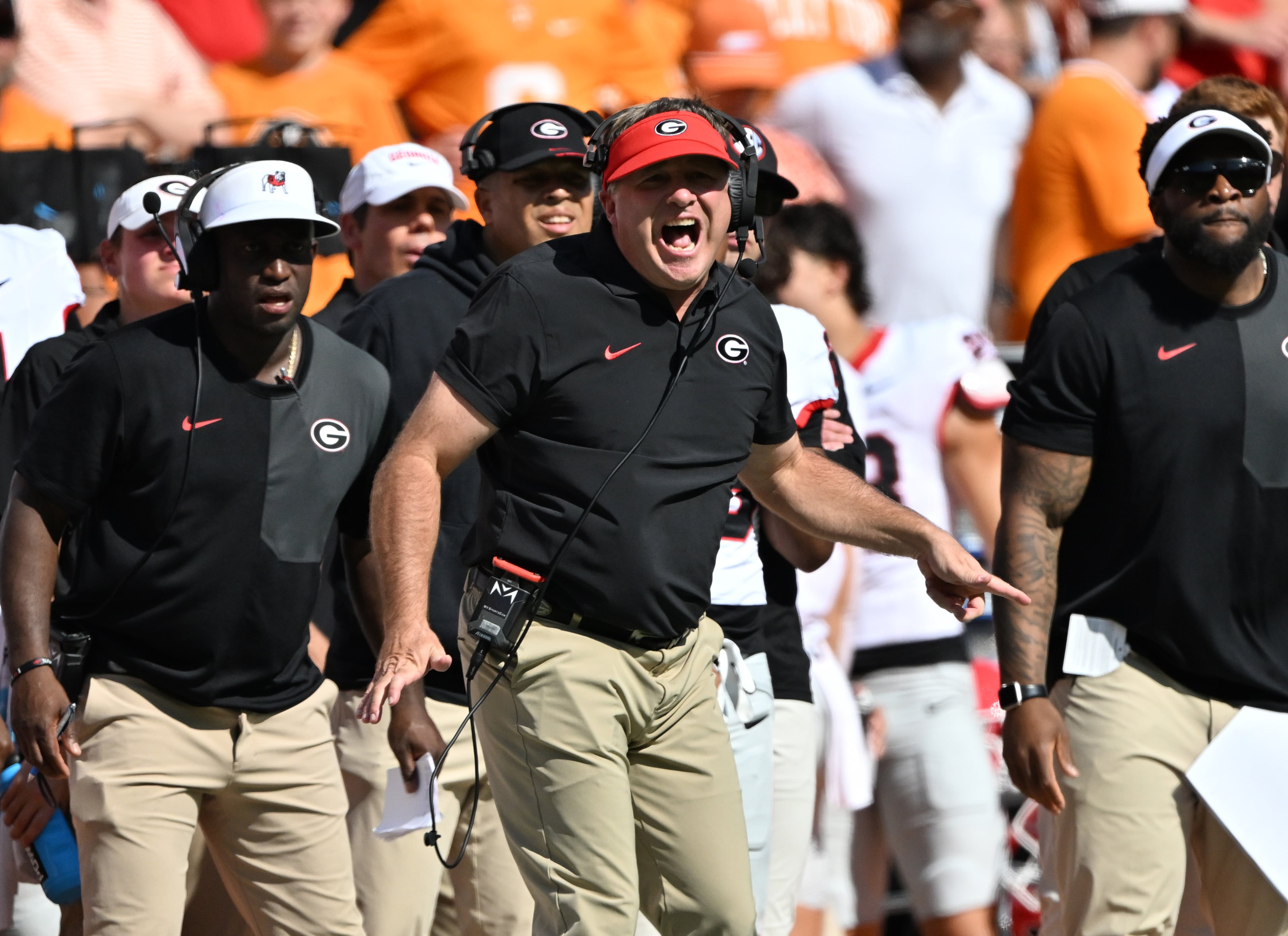 Georgia coach Kirby Smart reacts during the first half against Tennessee at Neyland Stadium on Saturday, Sept. 13, 2025, in Knoxville, Tenn. (Hyosub Shin/AJC)